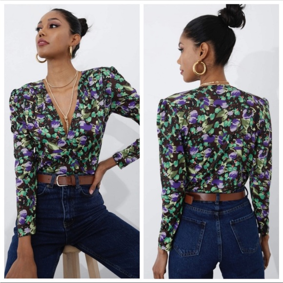 Zara Tops - Zara Green and Purple Floral Bodysuit